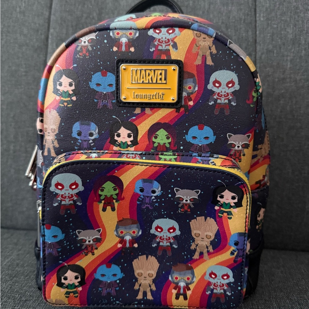 Loungefly Marvel Mini Backpack in Rainbow and Navy Character Print